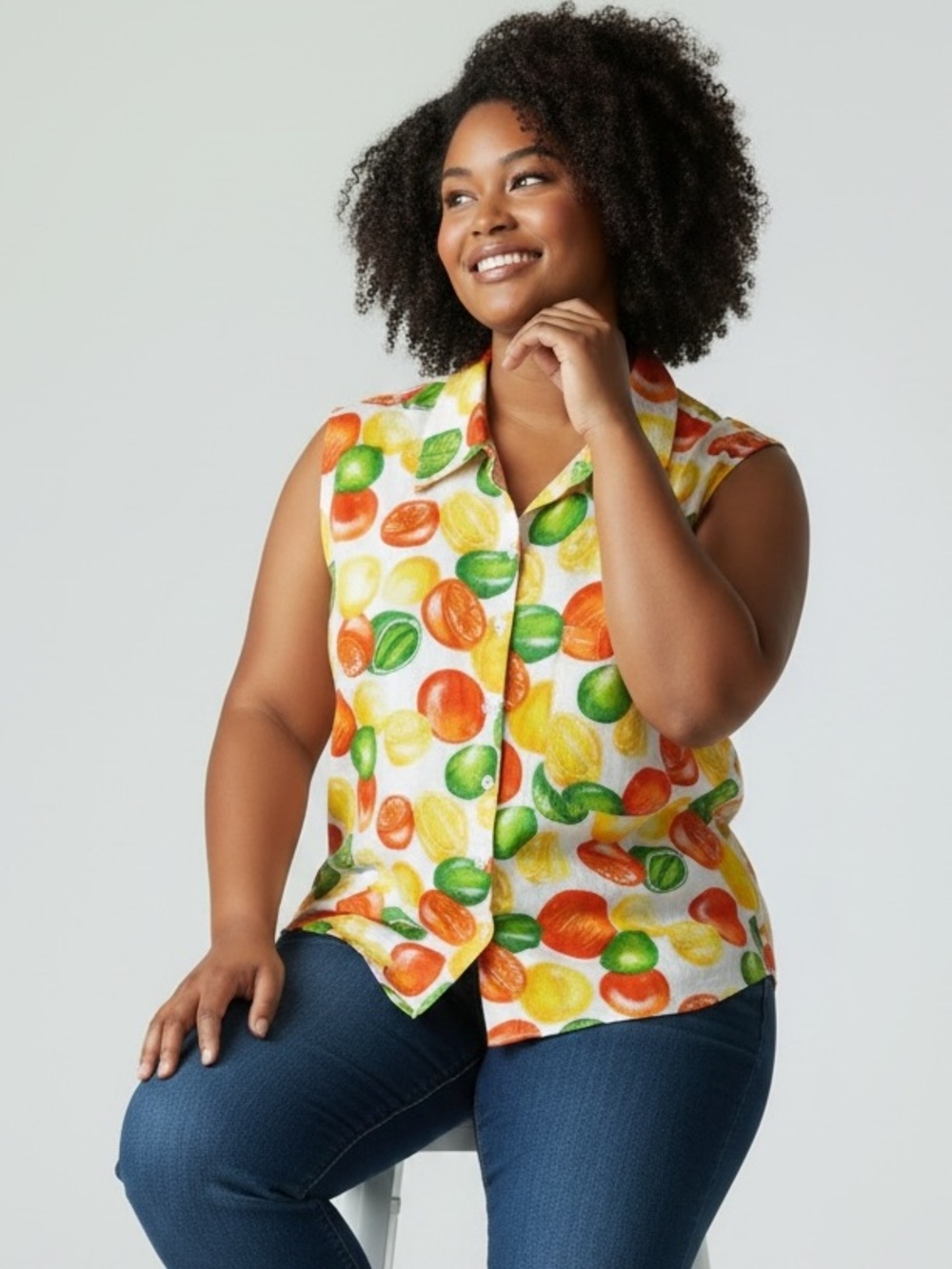 VENEZIA JEANS Fruit Print Sleeveless Shirt Sz 18 20 Lemons Oranges‎ Limes Button